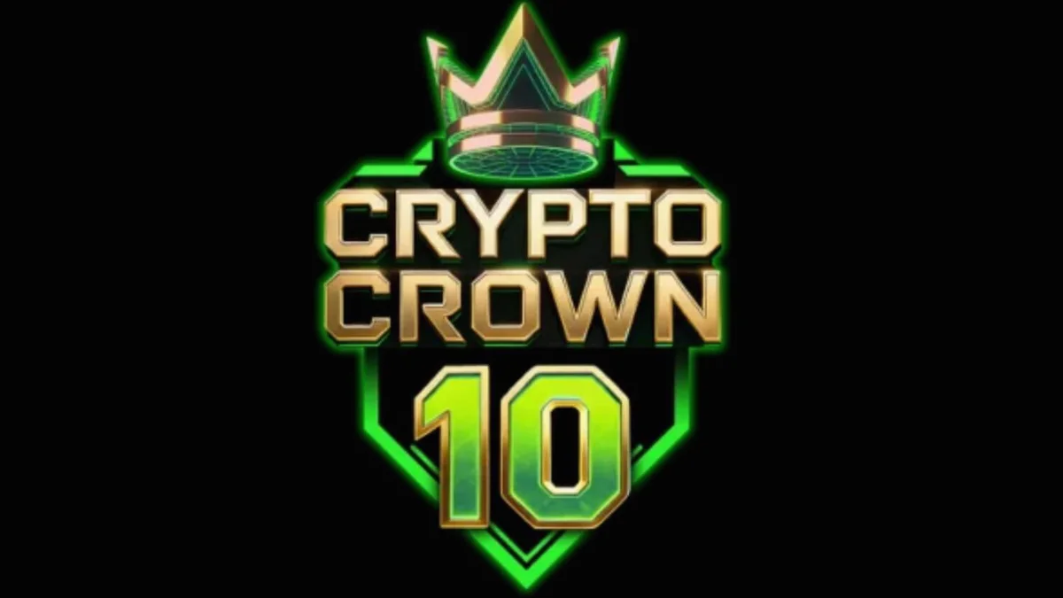 Tampilan visual slot Crypto Crown 10 dengan tema futuristik dan simbol koin kripto