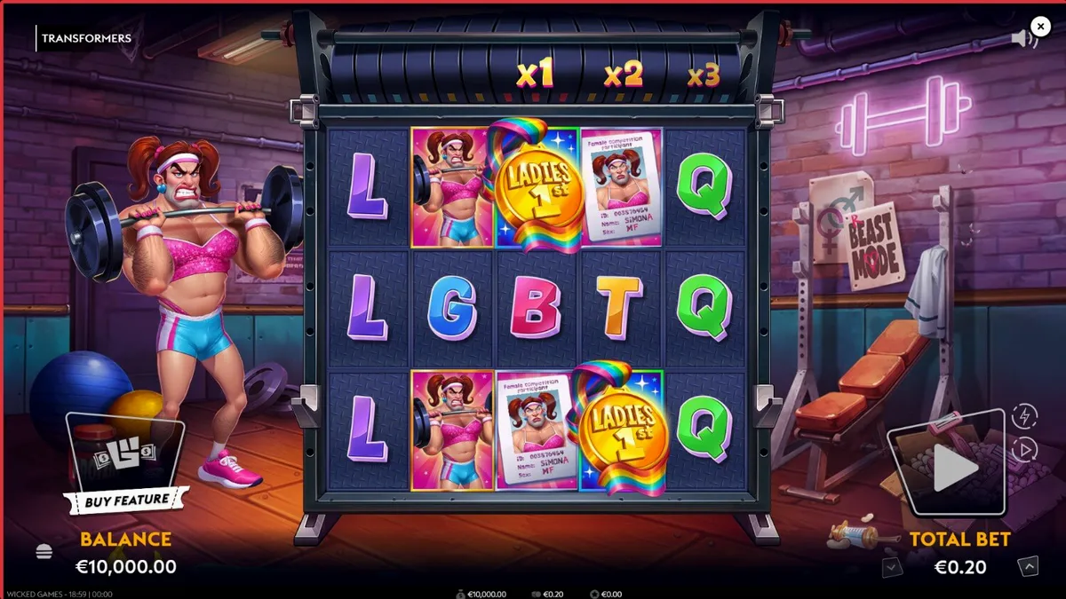 Tampilan utama slot Transformers dengan karakter Brosephine yang berotot di arena neon.