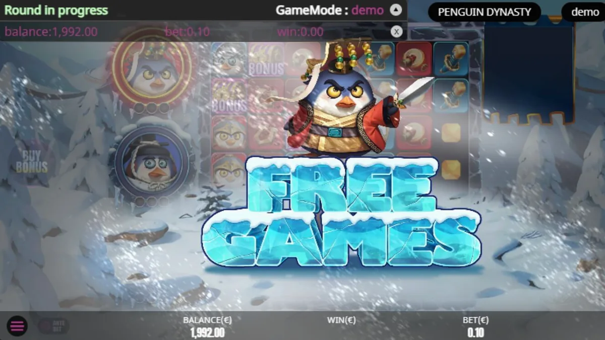 Tampilan visual slot Penguin Dynasty dengan latar istana es dan karakter penguin prajurit.